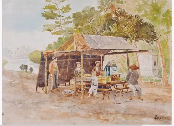 Một quán nước giải khát dựng tạm nằm ven hồ (hoặc sông). Hình ảnh xe điếu hút thuốc lào, hay gọi là điếu bát quen thuộc dạo xưa nhưng rất lạ lẫm đối với người trẻ hiện tại.