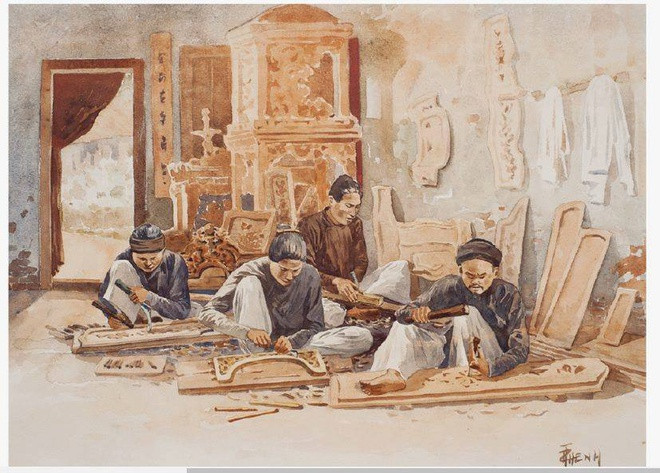 Tranh thể hiện nghề mộc. Những người thợ đang chạm trổ các vật dụng giống như các liễn đối hay được trang trí trong nhà hay đền thờ.