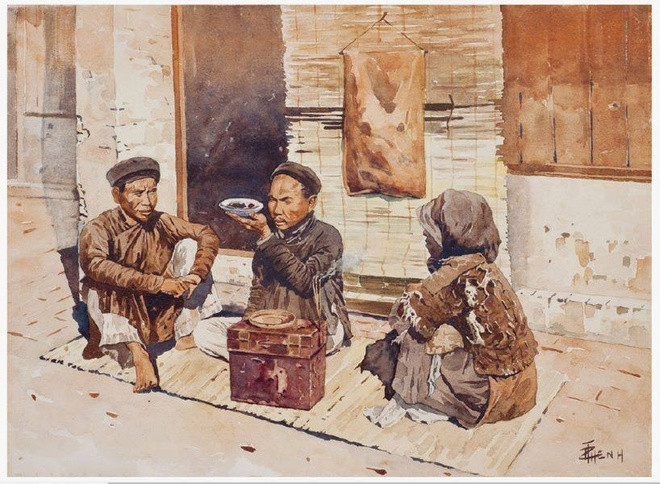 Bức tranh có tên gọi "Xem bói". Đây là bức duy nhất trong chùm tranh "Sinh hoạt Việt Nam xưa" được đặt tên. Bức xem bói trông như dạng phác thảo giống bức này từng được triển lãm tại Rome năm 1931.