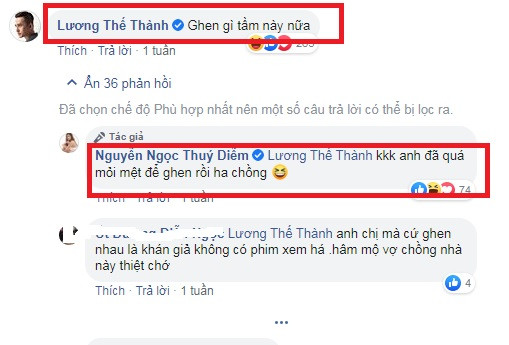 Dưới bài viết của vợ, Lương Thế Thành đáp lại: "Ghen gì tầm này nữa". Thúy Diễm cũng đùa vui: "Anh đã quá mệt mỏi để ghen rồi ha chồng".