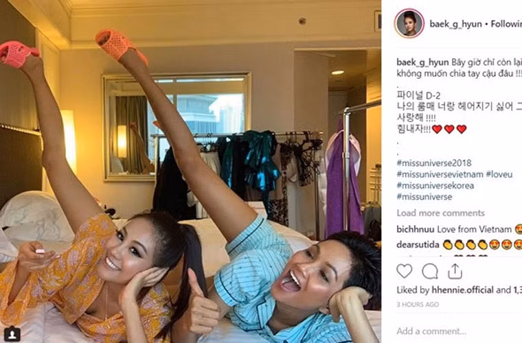 Người đẹp Tây Nguyên còn mang cả dép tổ ong đi tặng người bạn cùng phòng Hàn Quốc trong quá trình dự thi Miss Universe 2018.