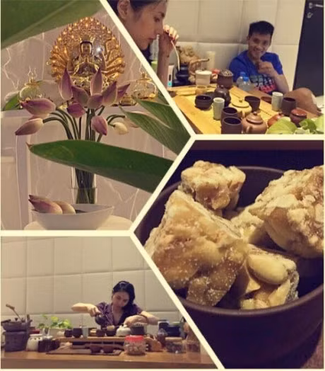 Ngoài sở thích trồng rau, tự nấu nướng, hai vợ chồng còn có thú vui tao nhã là uống trà đàm đạo.