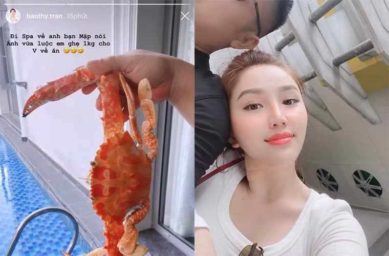 Không chỉ mang lại cho vợ một cuộc sống vật chất, chồng doanh nhân của Bảo Thy còn chăm sóc vợ từng ly từng tí. Khoe trên facebook cá nhân, nữ ca sĩ viết: “Đi spa về, anh bạn Mập nói ảnh vừa luộc con ghẹ 1 ký cho vợ về ăn".