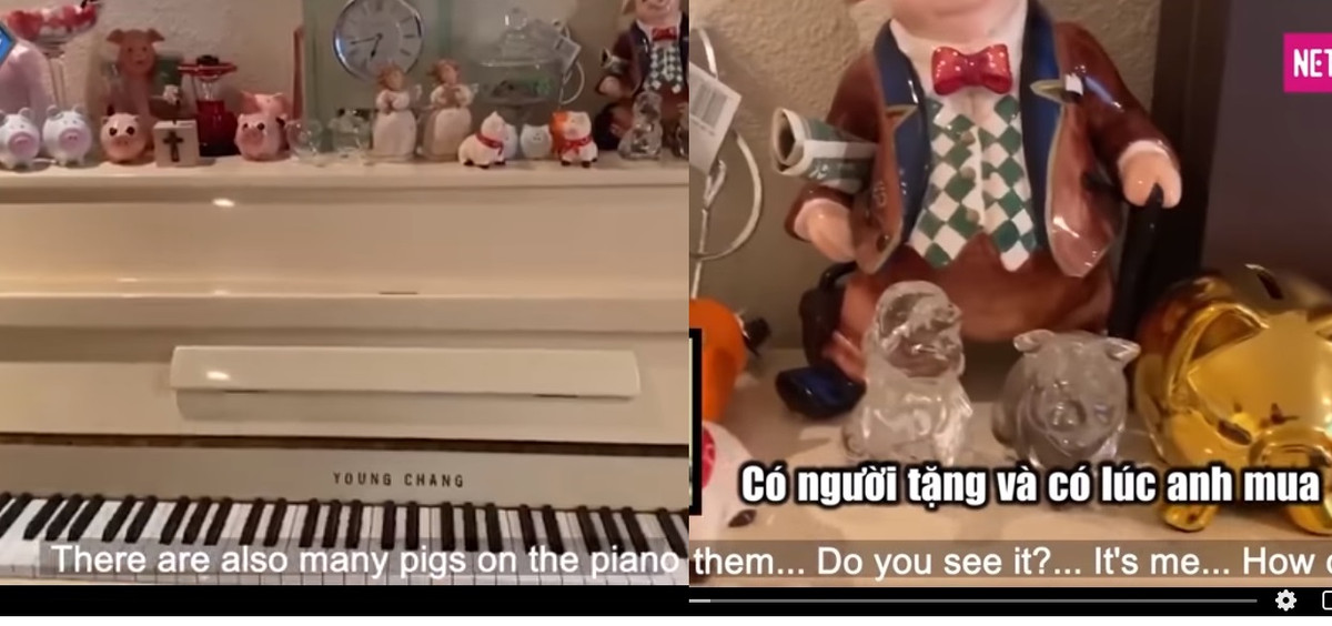 Có rất nhiều những chú heo ở trên cây đàn piano. Chia sẻ trong chương trình, danh hài Chí Tài cho biết trên đó một số được tặng, còn lại là do chính anh mua về tặng bà xã.