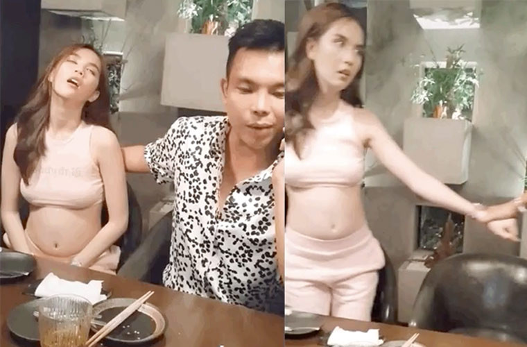 Trong một clip mới đây được NTK Đỗ Long chia sẻ, người hâm mộ bất ngờ khi Ngọc Trinh lộ vòng bụng tròn lẳn, khắc hẳn với vòng eo thon 56 cm thường thấy của cô.