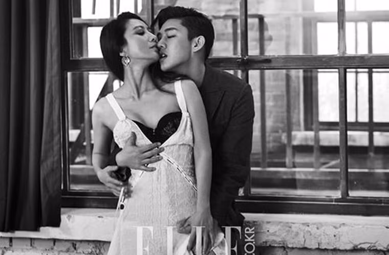 Kim Hee Ae chụp bộ ảnh tình nhân cùng Yoo Ah In trên tạp chí Elle năm 2014.