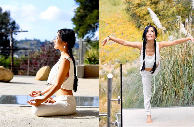 Hồng Nhung tha hồ chọn chỗ tập yoga trong căn biệt thự rộng rãi của mình ở Mỹ.