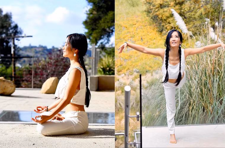 Hồng Nhung tha hồ chọn chỗ tập yoga trong căn biệt thự rộng rãi của mình ở Mỹ.