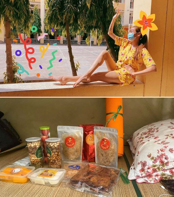 Siêu mẫu Võ Hoàng Yến chụp ảnh hài hước khoe rất nhiều đồ ăn được gửi vào cho cô đủ để mở tiệm tạp hóa.
