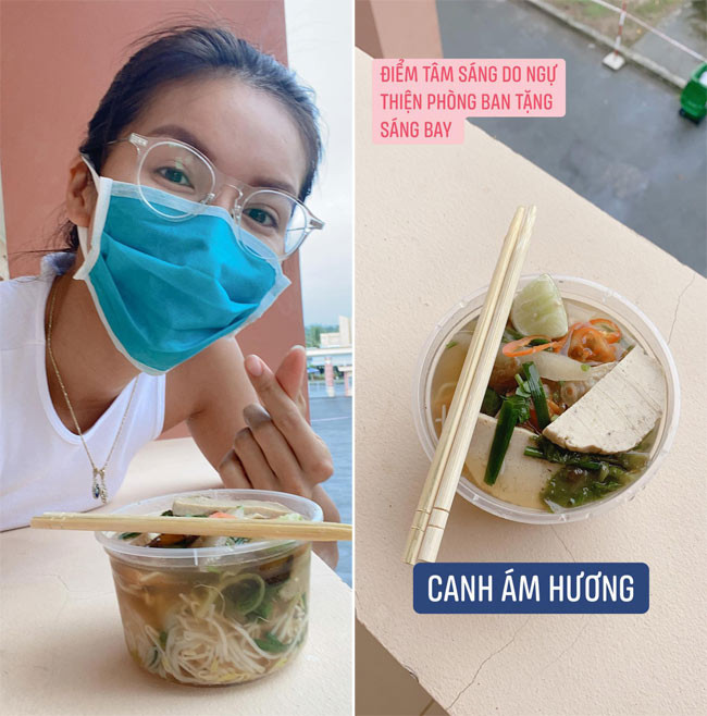 Minh Tú còn tếu táo miêu tả những bữa ăn trong khu cách ly với hình ảnh một bữa sáng mà cô gọi đó là món "canh ám hương" - điểm tâm sáng do ngự thiện phòng ban tặng.