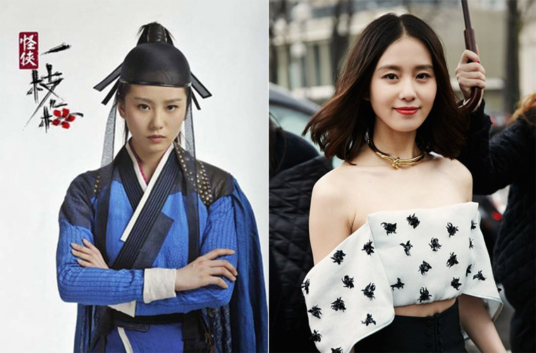 Lưu Thi Thi phiên bản nam nhi trông đầy khí phách trong phim Quái hiệp nhất chi mai. Người đẹp họ Lưu mỏng manh và đầy nữ tính với phiên bản thực (phải).