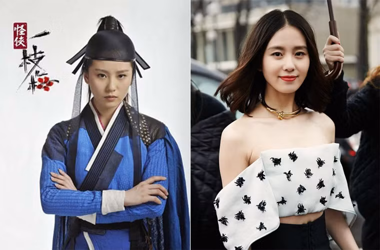Lưu Thi Thi phiên bản nam nhi trông đầy khí phách trong phim Quái hiệp nhất chi mai. Người đẹp họ Lưu mỏng manh và đầy nữ tính với phiên bản thực (phải).