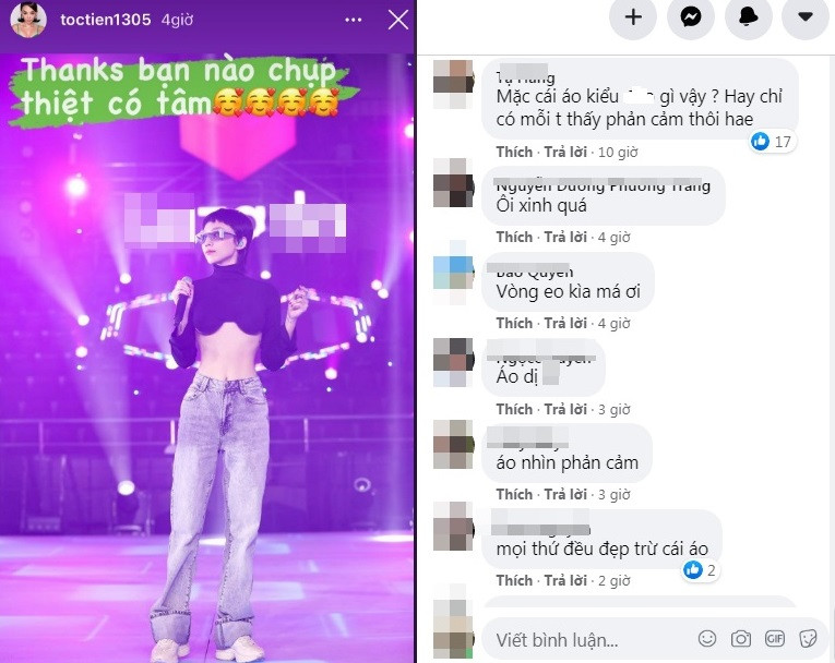 Mới đây, Tóc Tiên chia sẻ lên trang Instagram cá nhân hình ảnh fan chụp cô trên sân khấu. Diện trang phục thừa trên thừa dưới nhưng "trống hoắc ở giữa", nữ ca sĩ khiến dân tình "nổ đom đóm mắt" vì màn khoe eo thon cực độc.