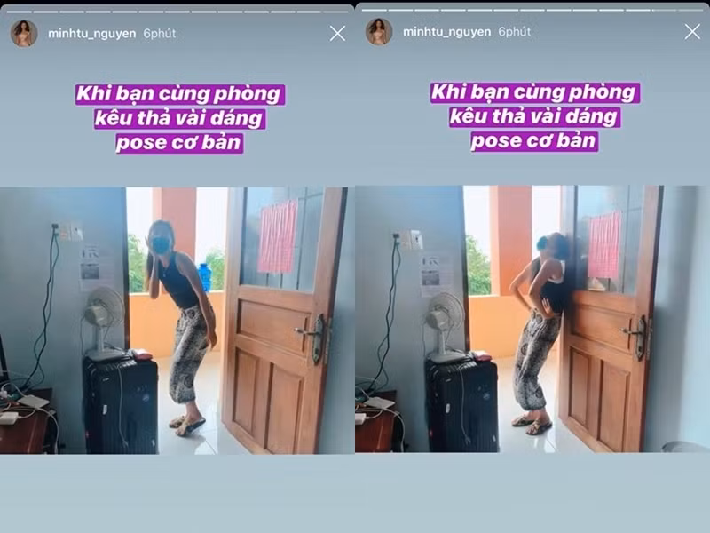 Người đẹp khoe hậu trường thả vài dáng cơ bản theo yêu cầu của bạn cùng phòng tại khu cách ly.