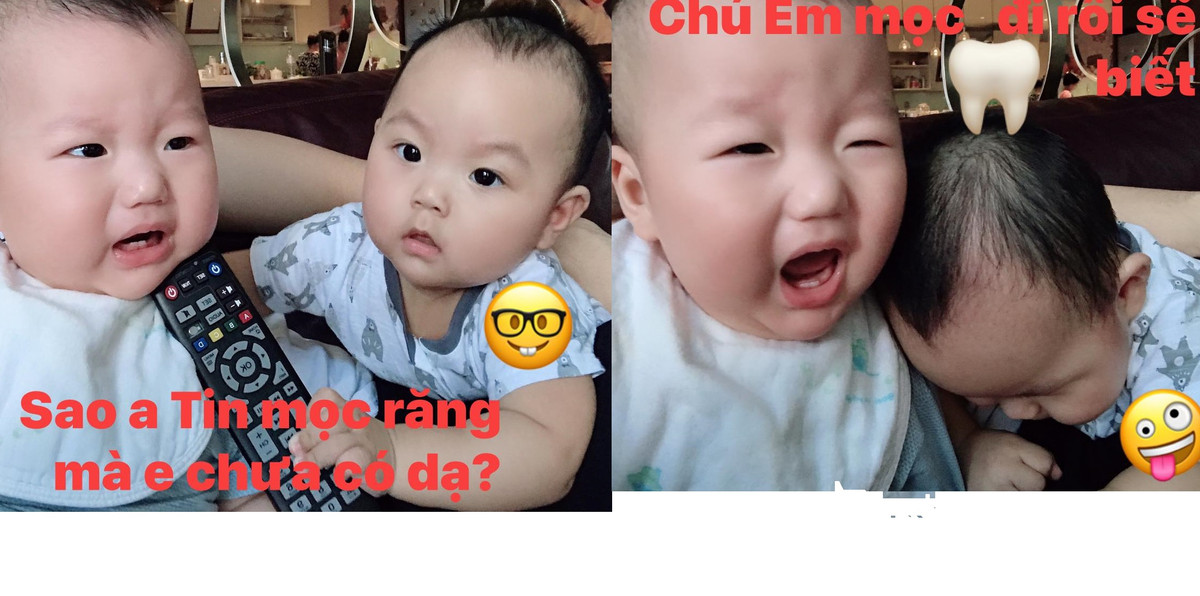Biểu cảm vô cùng đáng yêu của cặp quý tử song sinh.