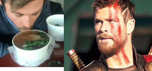 Chàng "Thor" Chris Hemsworth từng đăng một đoạn video phở nóng trên Instagram cùng chú thích: "Đang thưởng thức một tô phở Việt Nam thật ngon, hơi bị nóng nhưng điều đó sẽ không ngăn cản được tôi...".