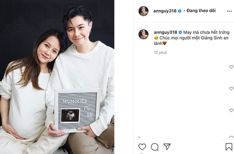 Mới đây, trên trang cá nhân, An Nguy khoe ảnh bầu và viết: “May mà chưa hết trứng”. Còn Alex thì hóm hỉnh: “Sau nhiều năm, cuối cùng cũng quyết định được đứa nào đi đẻ rồi".