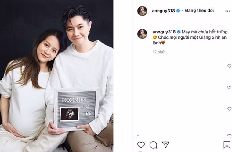 Mới đây, trên trang cá nhân, An Nguy khoe ảnh bầu và viết: “May mà chưa hết trứng”. Còn Alex thì hóm hỉnh: “Sau nhiều năm, cuối cùng cũng quyết định được đứa nào đi đẻ rồi".