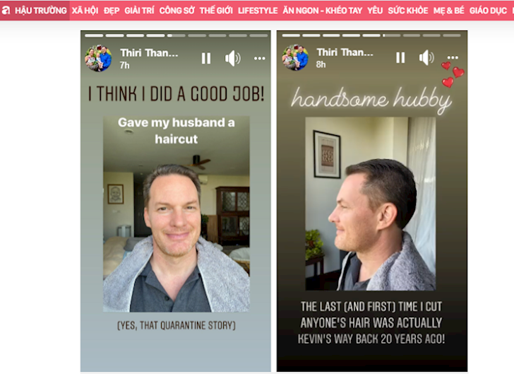 Tranh thủ thời gian ở nhà tránh dịch, Thiri Thant Mon còn khoe ảnh tự tay cắt tóc cho chồng kèm theo chuyện tình hơn 20 năm trước vô cùng lãng mạn của 2 người.