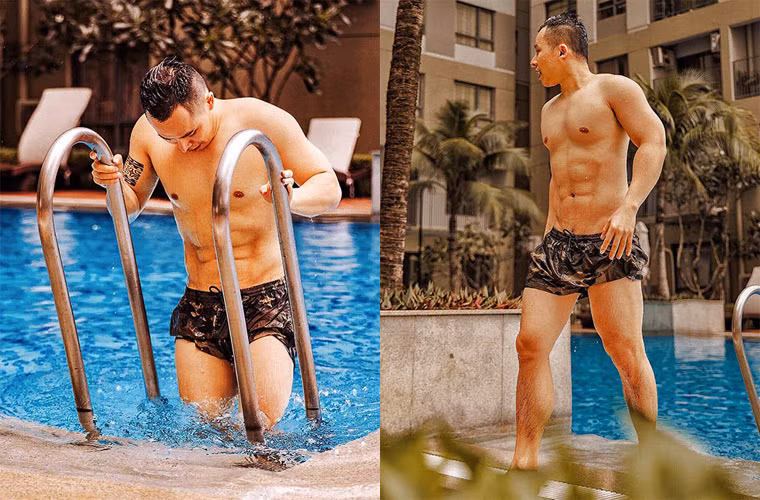 Bức hình Vũ Khắc Tiệp khoe cơ bắp bên bể bơi nhận được rất nhiều sự quan tâm.