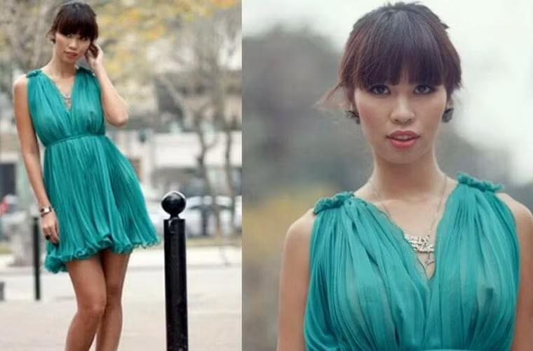 Siêu mẫu Hà Anh cũng mắc lỗi trang phục khi lộ rõ nhũ hoa khi mặc váy mỏng.