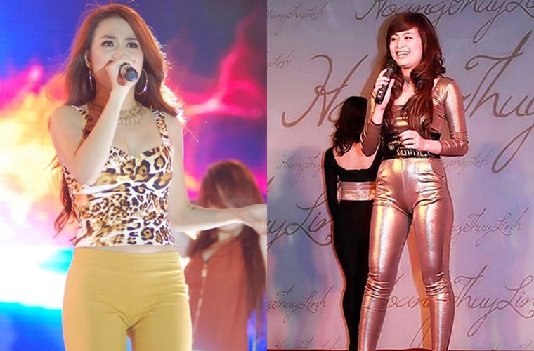 Nổi tiếng là ca sĩ có gu ăn mặc nhưng thời kỳ đầu Hoàng Thùy Linh cũng mắc lỗi trang phục khi mặc quần bó như thế này.