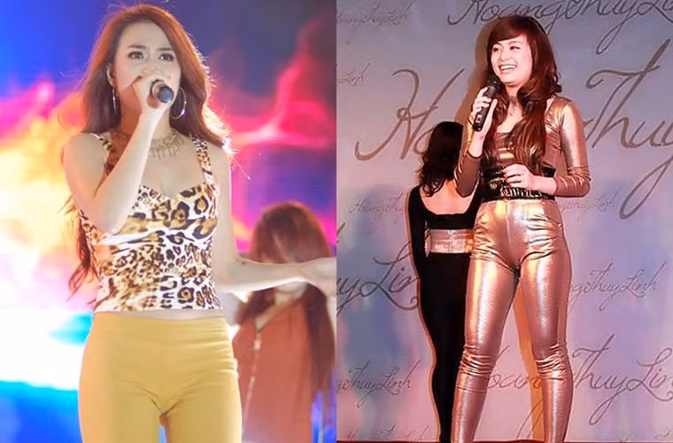 Nổi tiếng là ca sĩ có gu ăn mặc nhưng thời kỳ đầu Hoàng Thùy Linh cũng mắc lỗi trang phục khi mặc quần bó như thế này.