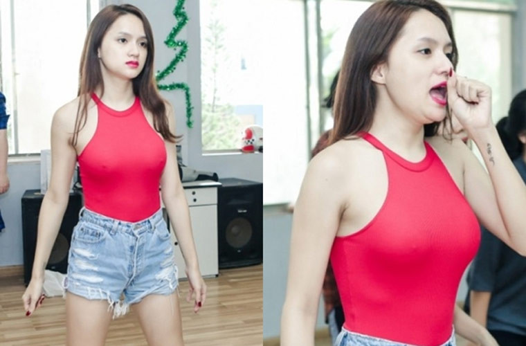 Hoa hậu Chuyển giới Quốc tế vô tư mặc áo ôm sát nhưng không mặc nội y để lộ nhũ hoa trong một buổi tập hát.