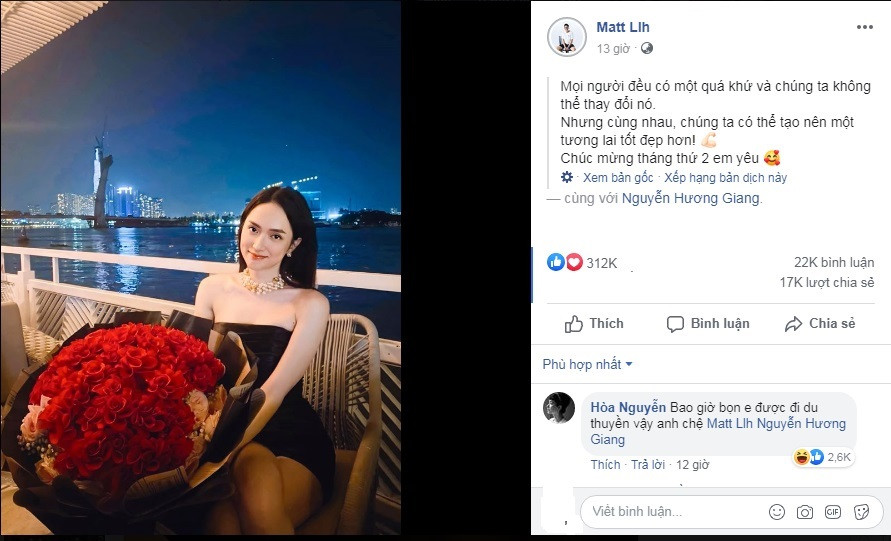 CEO người Singapore gây bất ngờ cho Hương Giang bằng một bó hoa hồng siêu to, kèm theo đó là lời nhắn nhủ: “Mỗi người đều có một quá khứ và chúng ta không thể thay đổi nó. Nhưng bên nhau, chúng ta có thể tạo nên một tương lai tốt đẹp hơn. Chúc mừng kỷ niệm 2 tháng yêu nhau, em yêu". Ảnh chụp màn hình.