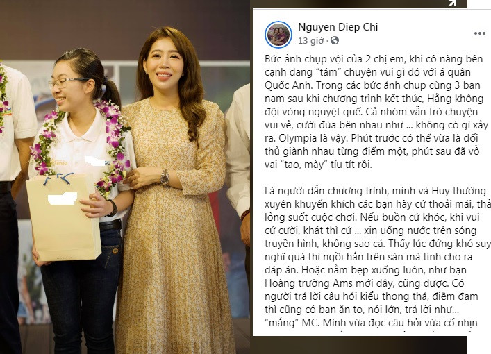 Là người dẫn chương trình Đường lên đỉnh Olympia, MC Diệp Chi chia sẻ: "Để thắng và thắng thuyết phục thì kiến thức thôi chưa đủ. Thực sự cần cả tinh thần “thép”. Thế thì chúng ta mới phải đợi tới tận 9 năm để lại có một bạn nữ đăng quang. Nếu Hằng không quyết đoán, mạnh mẽ, không bộc phát, bản năng như thế, chắc gì vòng nguyệt quế năm nay đã thuộc về em. Cú bấm chuông ghi số điểm 80 ở phần thi “Vượt chướng ngại vật” cũng phần nhiều là bộc phát. Quyết định chỉ trong tích tắc, giây phút đó nào ai kịp nghĩ nhiều".