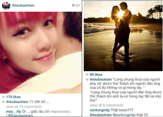 Cũng trong năm 2014, Thiều Bảo Trâm còn khiến fan sục sôi khi đăng tải tấm ảnh ôm chàng trai giấu mặt với dòng chú thích: "Một năm, 2 tháng, 4 ngày". Fan cho rằng chàng trai này đích thị là Sơn Tùng chứ không ai khác.