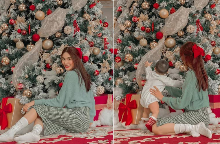 Lan Khuê và con trai cùng trang trí cây thông Noel khổng lồ.