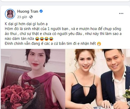 Hình ảnh Việt Anh chia sẻ cũng đập tan nghi vấn Hương Trần được tặng hoa và nhẫn cầu hôn dấy lên trước đó. Trên trang cá nhân, vợ cũ Việt Anh tiết lộ vẫn ế và tiếp tục "thả thính".