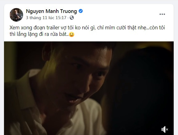 Vốn là một "ông chồng quốc dân" ngoài đời nên khán giả rất quan tâm chuyện chị Lan Phương phản ứng như thế nào khi xem ông xã Mạnh Trường đóng cảnh nóng. Câu trả lời cực hài hước khi nam diễn viên chia sẻ rằng sau khi xem trailer, vợ anh không nói gì, chỉ cười thật nhẹ... còn anh lẳng lặng đi rửa bát.