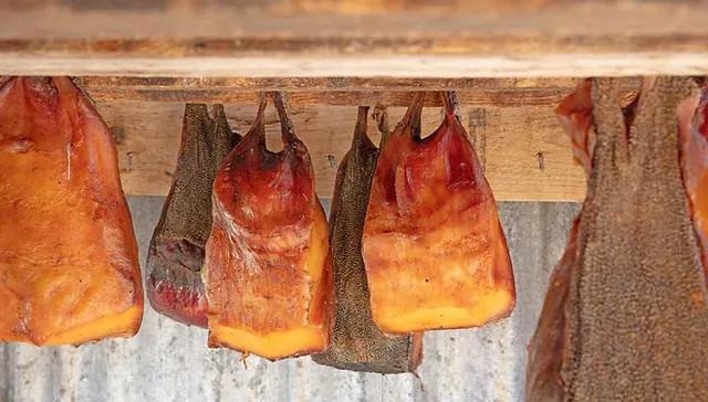 Sau 3 - 6 tháng, khi thịt cá mập trải qua một chu kỳ cấp đông và tan băng, họ sẽ đào lên và treo ngược xác cá trước gió trong ít nhất là 9 tháng để những miếng thịt này khô cứng lại.