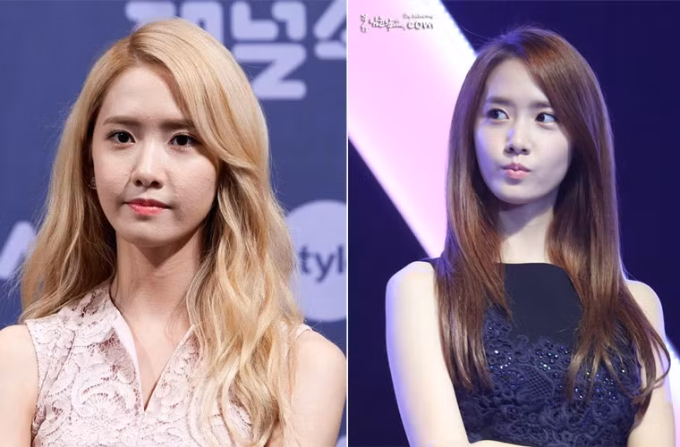 Khuôn mặt Yoona lúc có hiệu ứng ánh sáng (phải) và khi không có khác hẳn nhau.