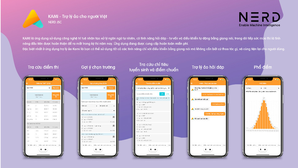 Ứng dụng trợ lý ảo KAMI mang lại các tính năng hữu ích cho người dùng như: Tra cứu điểm thi theo từng môn, từng khối thi và xếp hạng điểm của thí sinh theo từng khu vực (miền Bắc, miền Trung, miền Nam, toàn quốc). Sau khi cài ứng dụng, người dùng có thể “tra cứu điểm thi ngay khi được công bố”, tránh tình trạng chậm trễ do máy chủ “treo” là một trong những tính năng quan trọng của trợ lý ảo KAMI. Link tải KAMI App Android: https://play.google.com/store/apps/details?id=vn.nerd.kami