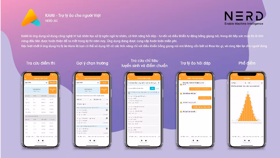 Ứng dụng trợ lý ảo KAMI mang lại các tính năng hữu ích cho người dùng như: Tra cứu điểm thi theo từng môn, từng khối thi và xếp hạng điểm của thí sinh theo từng khu vực (miền Bắc, miền Trung, miền Nam, toàn quốc). Sau khi cài ứng dụng, người dùng có thể “tra cứu điểm thi ngay khi được công bố”, tránh tình trạng chậm trễ do máy chủ “treo” là một trong những tính năng quan trọng của trợ lý ảo KAMI. Link tải KAMI App Android: https://play.google.com/store/apps/details?id=vn.nerd.kami