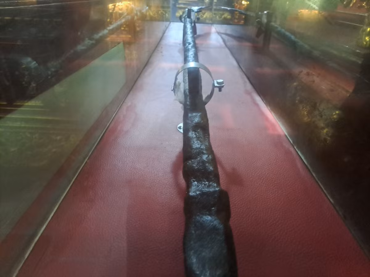 Long đao có mũi nhọn, lưỡi có hình tựa bán nguyệt, cán dài. Khâu đao tạo tác hình linh vật Nhai Tí: đầu giống rồng, thân có vẩy, miệng há rộng làm bệ đỡ lưỡi đao, răng nanh nhô ra ngoài, có mũi sư tử, trán lạc đà, mắt tròn to, tai hình quạt, từ hốc mắt toả ra hai bên râu đơn, cong, cuộn đầu; phía dưới (cổ) đúc nổi 4 râu tựa đao mác, hai râu giữa đan vắt chéo nhau, các râu bên roãng lượn sóng nhẹ. 