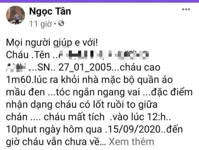 Ngày 16/9/2020, tài khoản Facebook cá nhân có tên Ngọc Tân đã đăng tải bài viết trên hội nhóm Kiến Thụy với nội dung, cháu gái tài khoản này là P.T.P.A. (SN 2005, HKTT tại thôn Đại Lộc, xã Đại Hợp, huyện Kiến Thụy) đã rời nhà từ trưa 15/9 đến nay vẫn chưa về và mong muốn cộng đồng mạng hỗ trợ tìm kiếm.