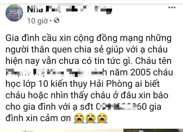 Theo gia đình cho biết, vào sáng ngày 13/9, cháu N. xin phép gia đình đi liên hoan lớp nhưng gia đình không thấy cháu trở về. Sau 2 ngày nỗ lực tìm kiếm nhưng không có kết quả, gia đình đã trình báo sự việc cháu N. mất tích tới cơ quan công an.