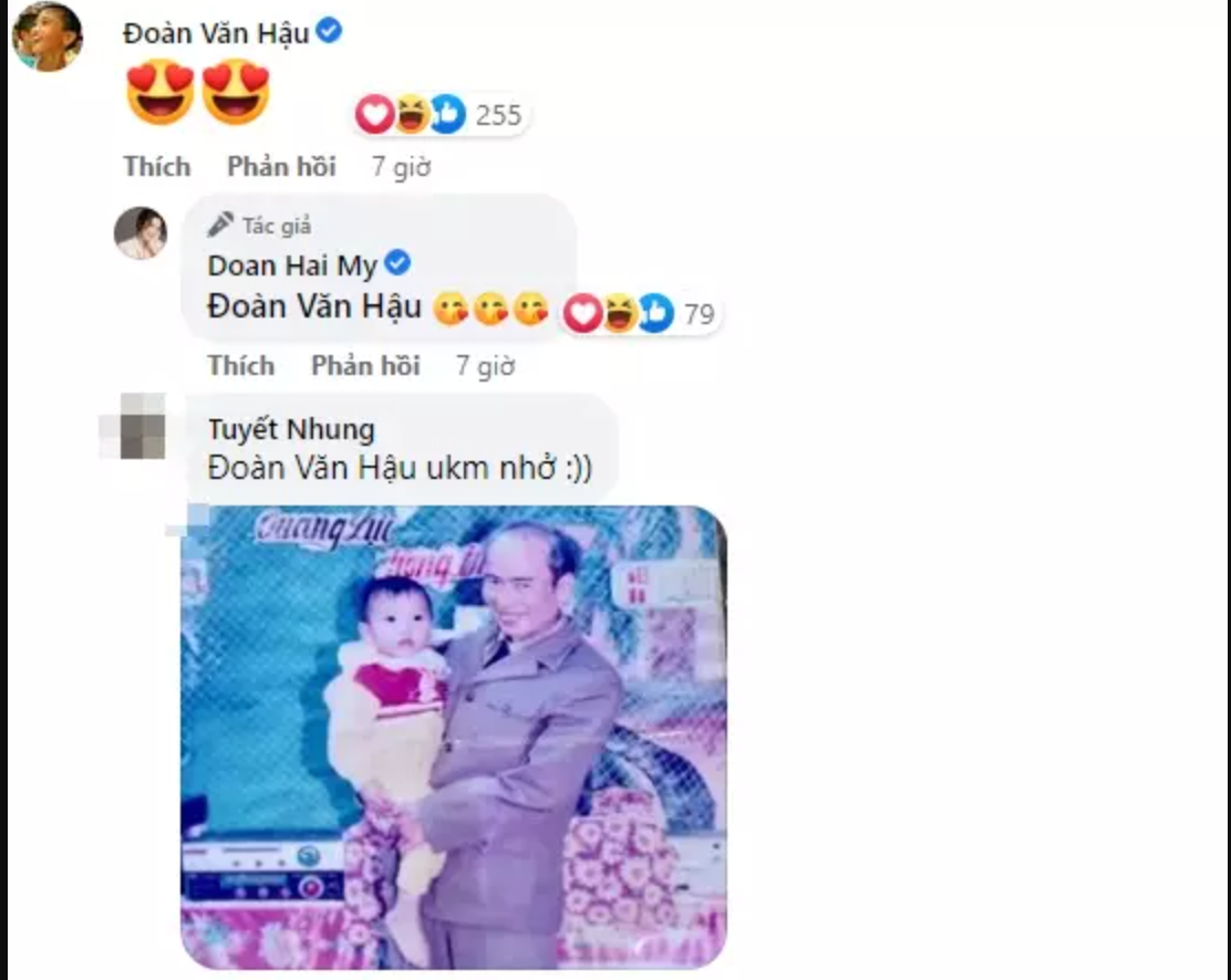 Đáng chú ý hơn cả chính là bình luận của Đoàn Văn Hậu, anh chàng thả tim và còn bình luận dưới ảnh bạn gái đăng. Doãn Hải My sau đó cũng đáp lại bằng icon siêu yêu. Phản ứng của Đoàn Văn Hậu về những hình ảnh ngày bé của bạn gái khiến netizen thích thú.