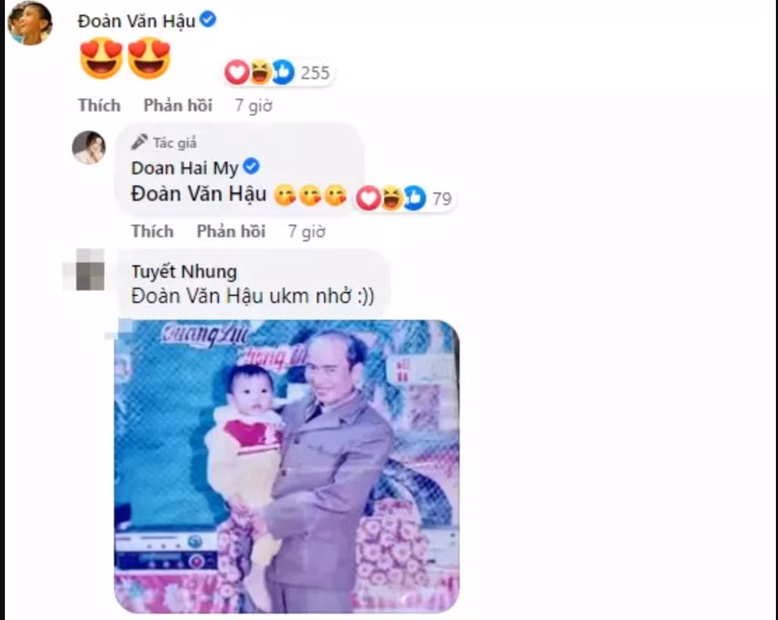 Đáng chú ý hơn cả chính là bình luận của Đoàn Văn Hậu, anh chàng thả tim và còn bình luận dưới ảnh bạn gái đăng. Doãn Hải My sau đó cũng đáp lại bằng icon siêu yêu. Phản ứng của Đoàn Văn Hậu về những hình ảnh ngày bé của bạn gái khiến netizen thích thú.