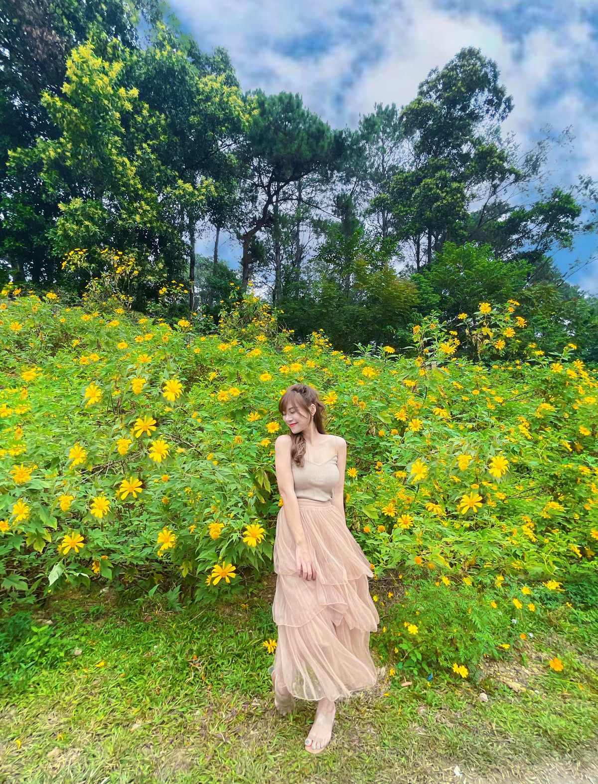 Nhiều bạn trẻ đã rủ nhau đến đây cắm trại và check in cùng những vạt hoa vàng, rực rỡ trong nắng. Ảnh: Huyền Bùi