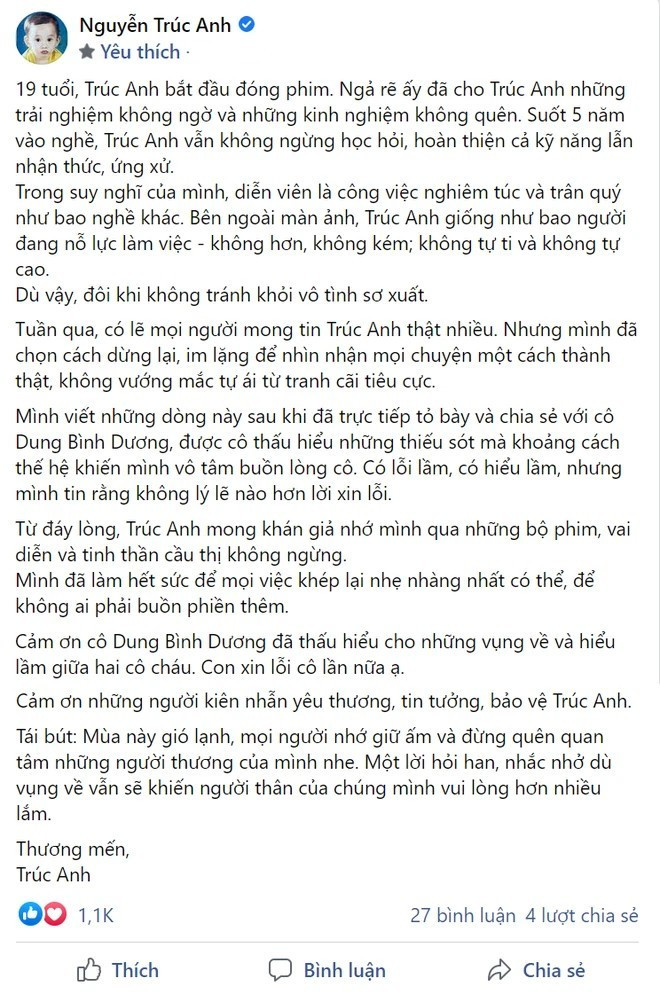 Phải sau 2 tuần, hot girl Trúc Anh mới chính thức lên tiếng xin lỗi trên mạng xã hội. Tuy nhiên sau đó, nhà sản xuất Dung Bình Dương nói rằng nữ diễn viên trẻ giả tạo, tuyên bố khởi kiện.