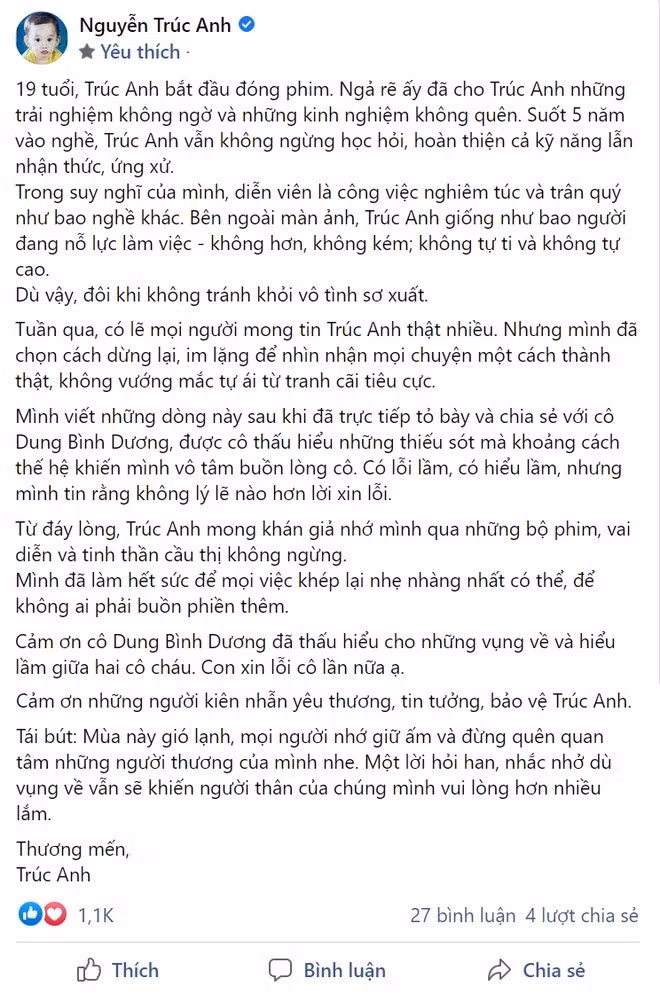 Phải sau 2 tuần, hot girl Trúc Anh mới chính thức lên tiếng xin lỗi trên mạng xã hội. Tuy nhiên sau đó, nhà sản xuất Dung Bình Dương nói rằng nữ diễn viên trẻ giả tạo, tuyên bố khởi kiện.