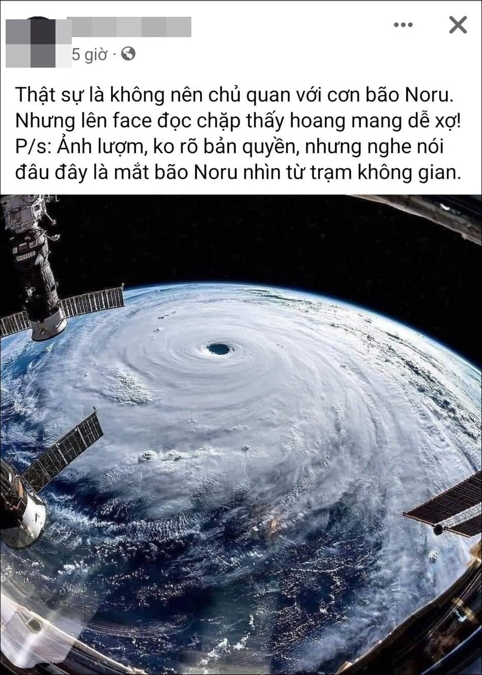 Sau khi những hình ảnh vệ tinh về cơn bão Noru được chia sẻ nhiều trên MXH, không ít người nhận ra những hình ảnh đó thực chất là ảnh chụp bão Noru xuất hiện vào năm 2017, không phải cơn bão đang tiến sát đến đất liền Việt Nam. Ảnh: Chụp màn hình