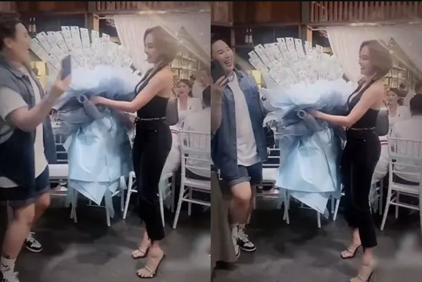 Bó hoa mà "hot girl bán hàng online" Trang Nemo tặng cho chủ nhân bữa tiệc tính sơ sơ có giá trị không dưới 30 triệu đồng.