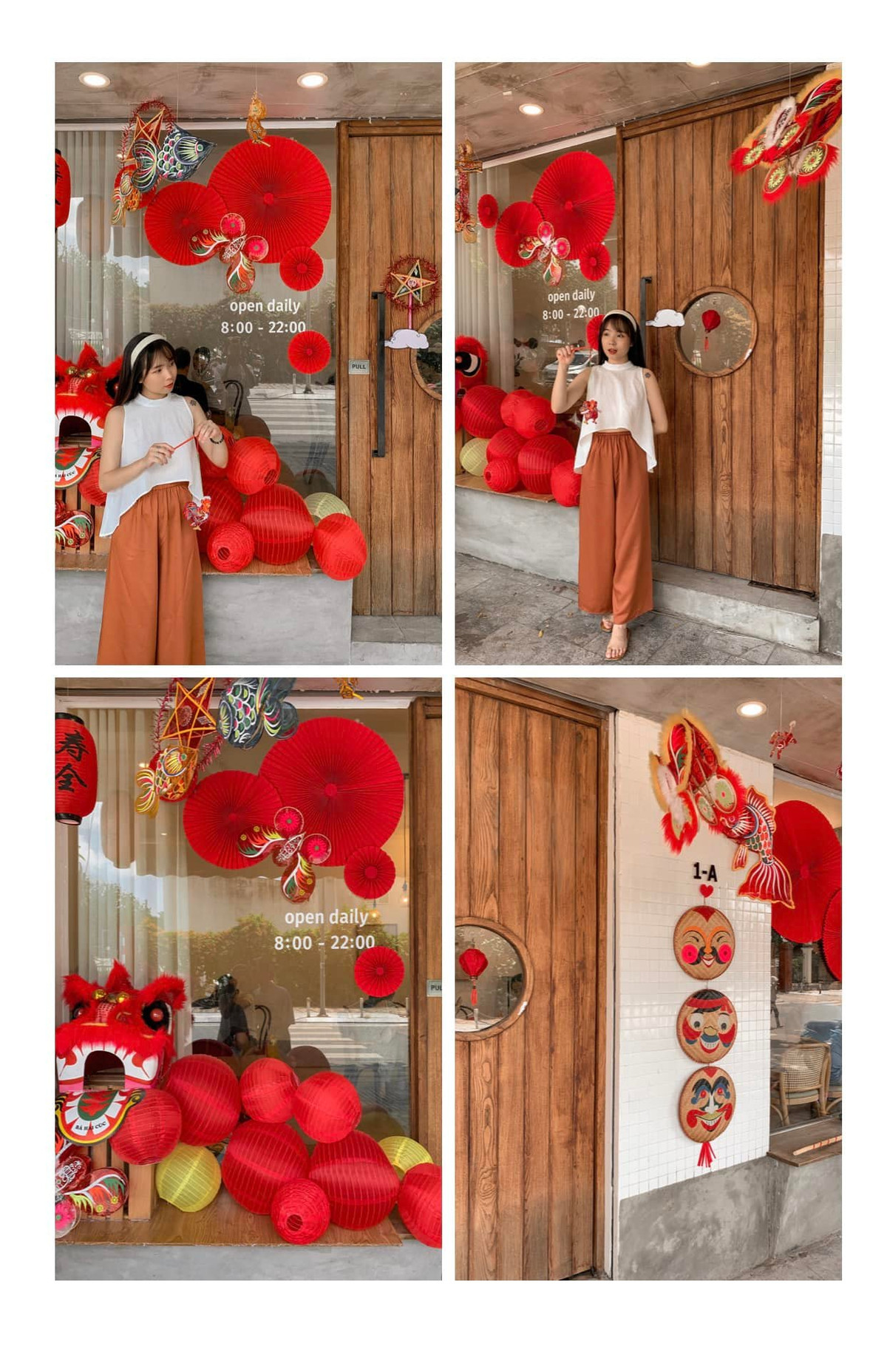 Phía ngoài cửa ra vào quán cafe đã được treo nhiều đèn lồng đủ màu sắc, đầu lân, đèn lồng,...tạo nên một góc check in chuẩn Trung thu. Ảnh: Đặng Vân Trang