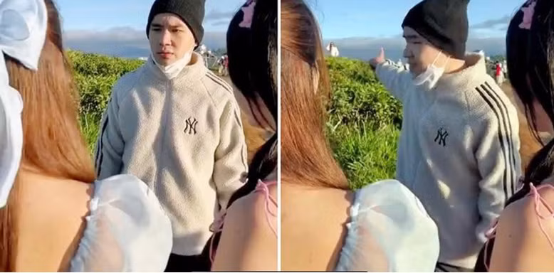 Để có sản phẩm video đăng lên TikTok câu view, Hoàng Nhật Minh đã nhờ hai nữ du khách trẻ tuổi không quen biết tham gia quay video "giấu mặt". Bạn gái của Minh là P.T.T.N chịu trách nhiệm dùng điện thoại quay video. Nội dung đoạn clip là 4 du khách đang đứng ngoài đường chụp hình thì xuất hiện một nam thanh niên (chính là Minh) xưng là chủ vườn, đòi thu phí của mỗi du khách là 100.000 đồng/vé/lượt khiến nhiều người bức xúc. Ảnh: Cắt ra từ clip